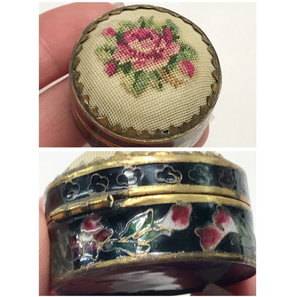 Vintage Miniature Mid Century Petit Point Rose Cloisonne Enamel Ring Pill Box